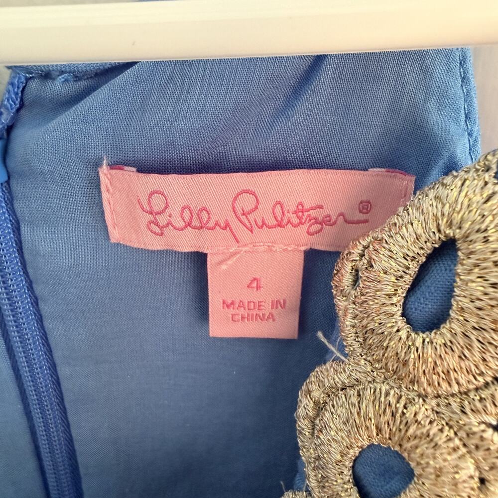 Lilly Pulitzer Dress Size 4 Blue Gold Lace Shift Preppy Resort Coastal Pearl - Picture 2 of 7